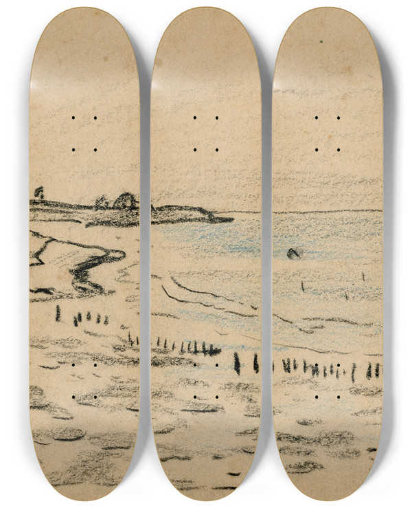 Triptych art skateboard deck of Adolf Le Comte Watervlakte Bij Veere by Adolf Le Comte (1850-1921)