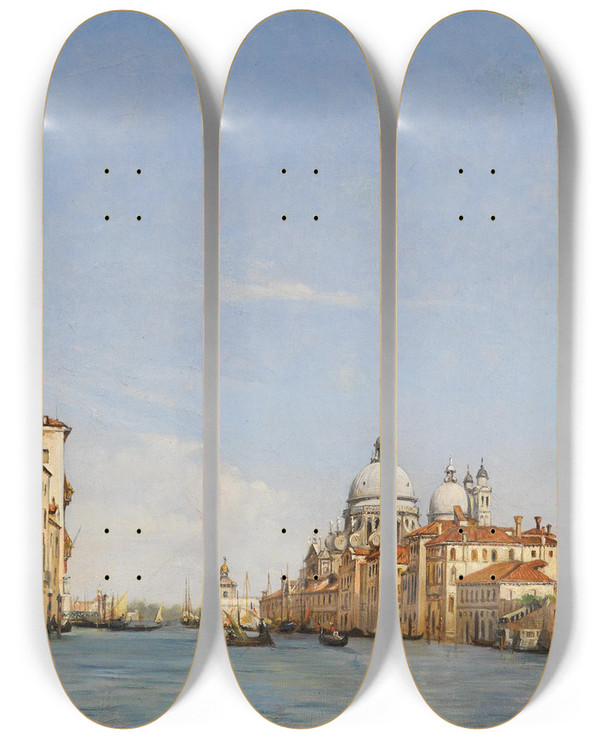 Triptych art skateboard deck of Giovanni Grubacs Venice A View Of The Grand Canal With Santa Maria Della Salute by Giovanni Grubacs (1829-1919)
