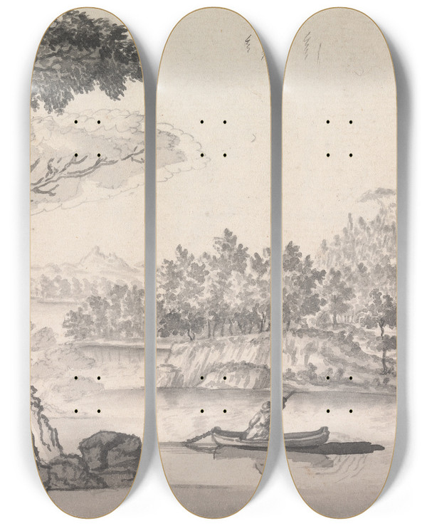 Triptych art skateboard deck of Henry Swinburne Landscape With Anchored Boat And Figure by Henry Swinburne (1743-1803)