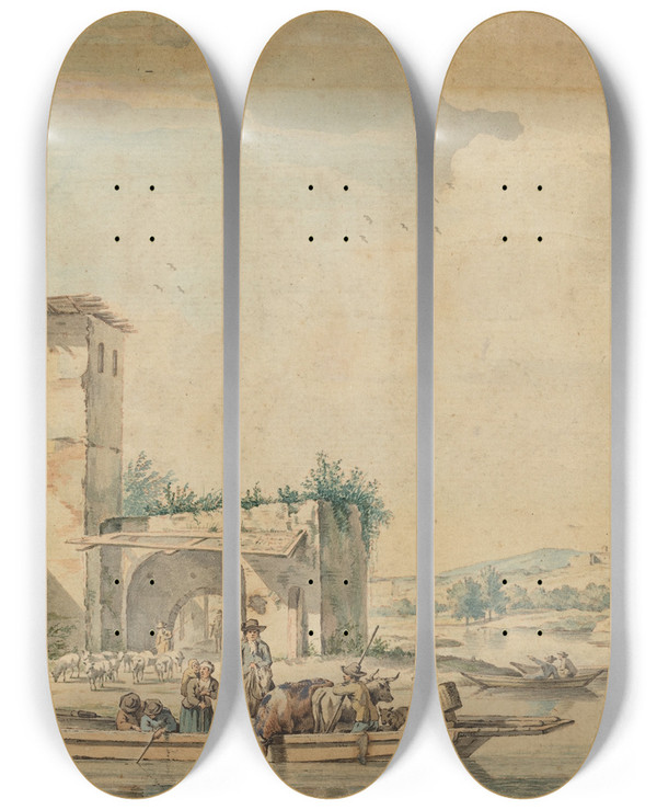 Triptych art skateboard deck of Wigerus Vitringa River Landscape With A Ferry Boat by Wigerus Vitringa (1657-1725)