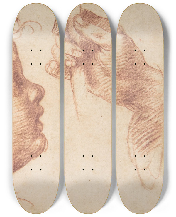 Triptych art skateboard deck of Andrea Del Sarto Studies Of A Head And A Hand by Andrea del Sarto (1486-1530)
