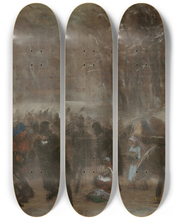 Triptych art skateboard deck of Adolph Von Menzel Schlittschuhlufer by Adolph Von Menzel (1815-1905)