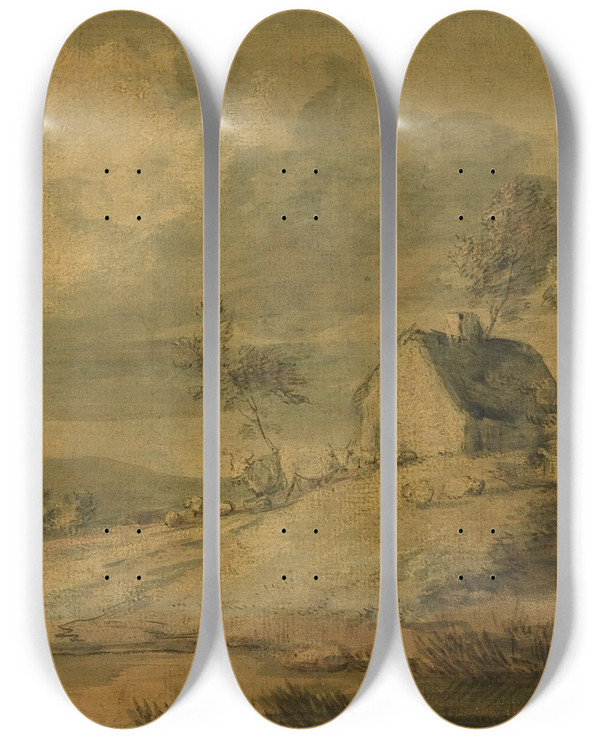 Triptych art skateboard deck of Thomas Gainsborough Wooded Landscape With Cottage Cows And Sheep by Thomas Gainsborough (1727-1788)