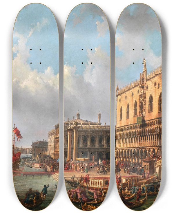 Triptych art skateboard deck of Luigi Querena The Blessed Doge Francesco Morosini In 1693 Leaves Venice To Fight The Turks At The Peloponnese by Luigi Querena (1820-1887)
