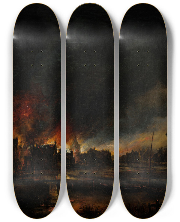 Triptych art skateboard deck of Aert Van Der Neer Fire In A Village At Night by Aert van der Neer (1603-1677)