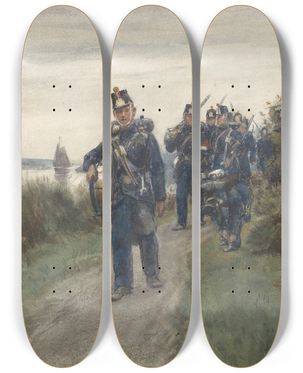Triptych art skateboard deck of Jan Hoynck Van Papendrecht Patrouille Van De Infanterie by Jan Hoynck Van Papendrecht (1858-1933)