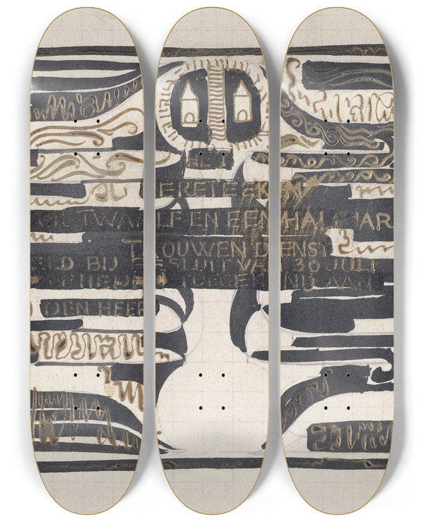 Triptych art skateboard deck of Carel Adolph Lion Cachet Ontwerp Voor Een Oorkonde Ter Gelegenheid Van Twaalfeneenhalfjarige Dienst by Carel Adolph Lion Cachet (1864-1945)