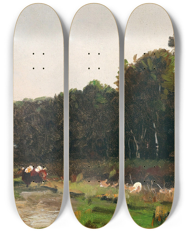 Triptych art skateboard deck of Ludwig Willroider An Autumnal Landscape by Ludwig Willroider (1845-1910)