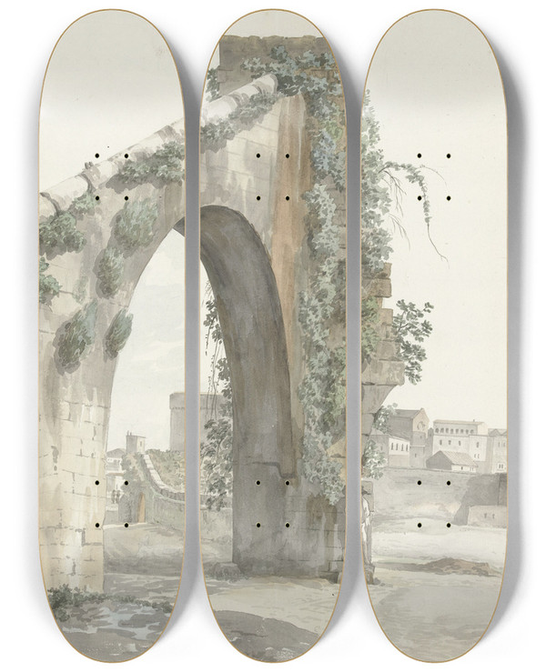 Triptych art skateboard deck of Abrahamlouisrodolphe Ducros Gezicht Op Aquaduct En De Stad Tarente by Abraham-Louis-Rodolphe Ducros (1748-1810)