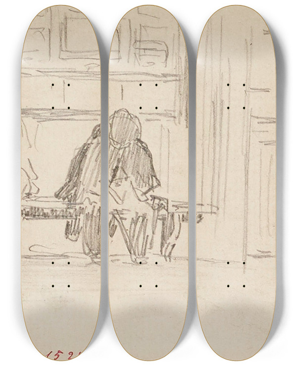 Triptych art skateboard deck of Frdric Houbron Deux Personnages Sur Un Banc by Frederic Houbron (1851-1908)