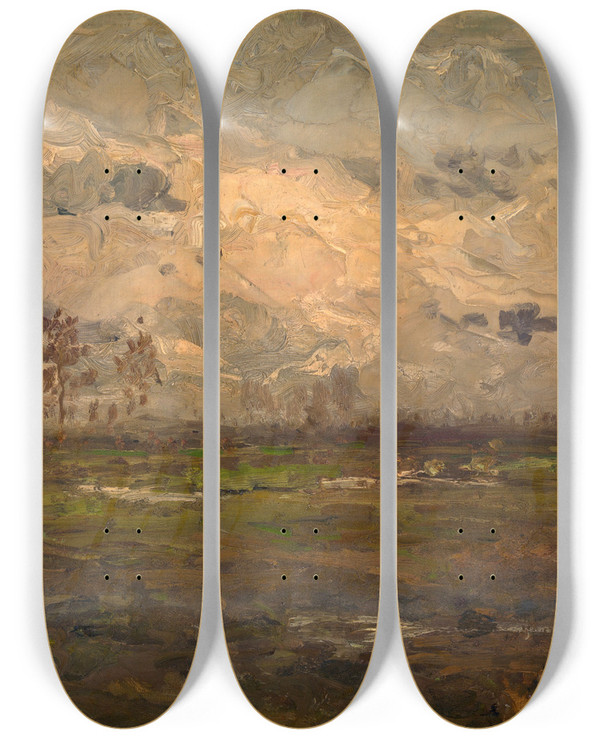 Triptych art skateboard deck of Theodoor Verstraete The Heathland by Theodoor Verstraete (1850-1907)