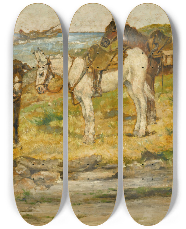 Triptych art skateboard deck of Giovanni Fattori Paesaggio Con Cavalli by Giovanni Fattori (1825-1908)