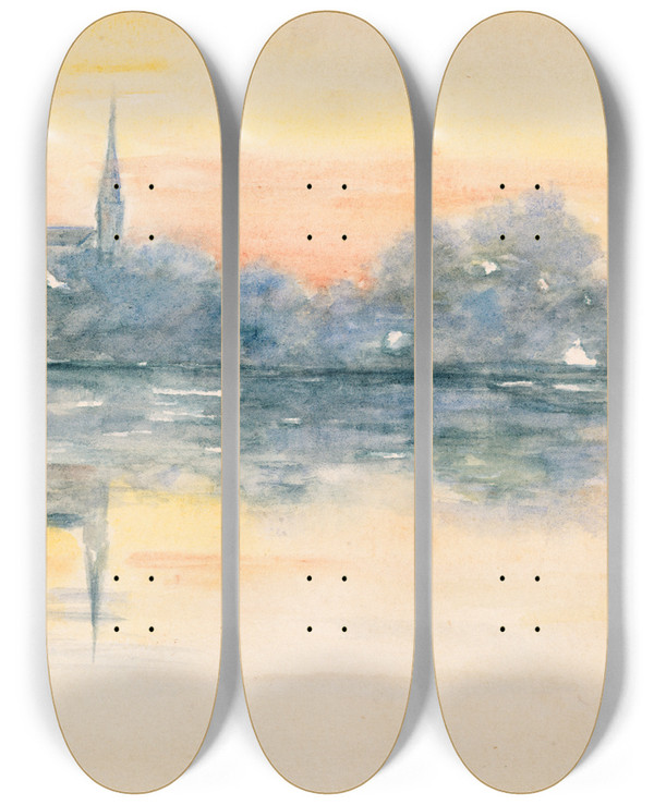 Triptych art skateboard deck of Henry Bacon Church And Lake by Henry Bacon (1839-1912)