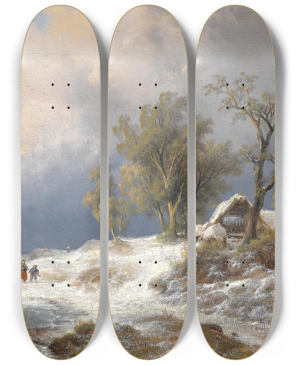 Triptych art skateboard deck of Remigius Adrianus Van Haanen Winter Landscape_1 by Remigius Adrianus Van Haanen (1812-1894)