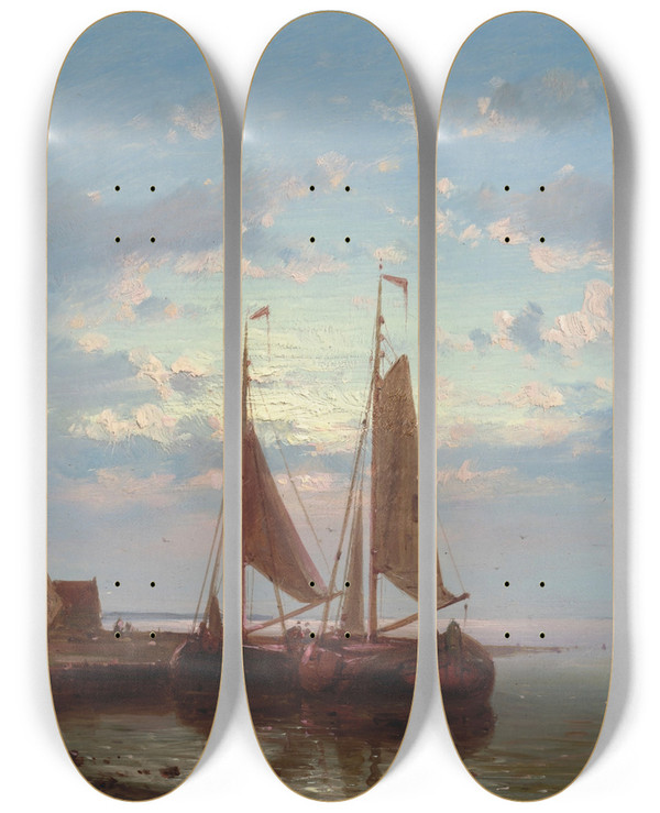 Triptych art skateboard deck of Abraham Hulk Fishing Boats Moored In A Calm Harbour by Abraham Hulk (1813-1897)