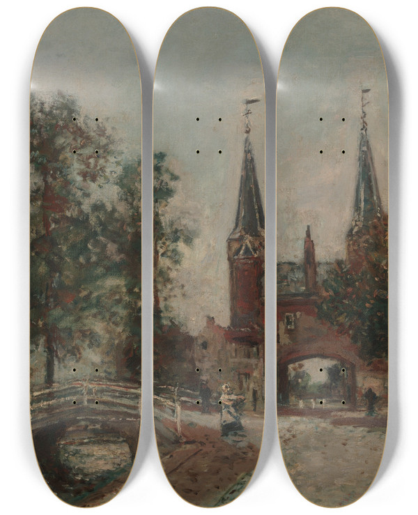 Triptych art skateboard deck of Johan Barthold Jongkind Scene Atdelft by Johan Barthold Jongkind (1819-1891)