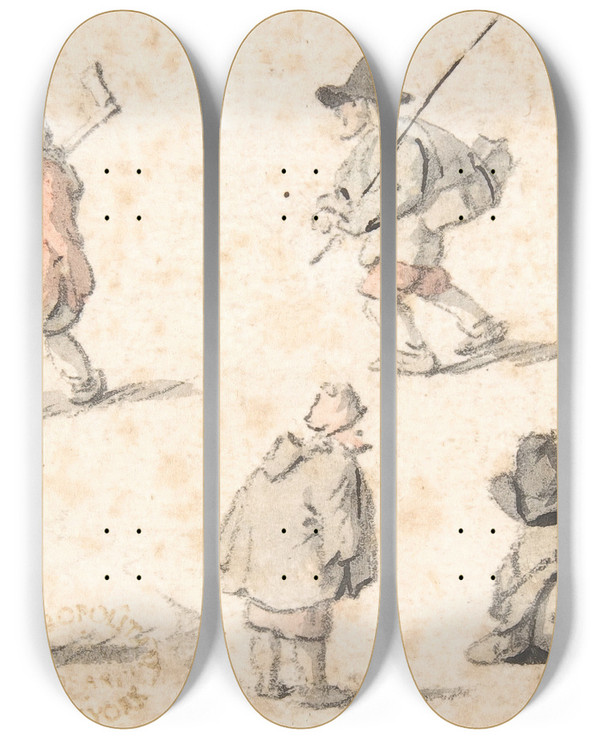 Triptych art skateboard deck of Herman Saftleven Studies Of Peasants by Herman Saftleven (1609-1685)