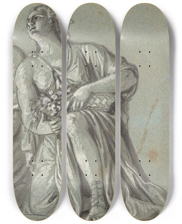 Triptych art skateboard deck of Roman 18Th Century Two Kneeling Figures With Offerings by Roman 18Th Century