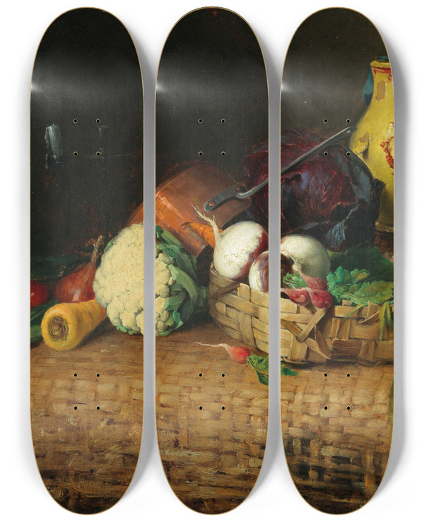 Triptych art skateboard deck of Josef Kinzel Kchenstillleben Mit Tonkrug by Josef Kinzel (1852-1925)