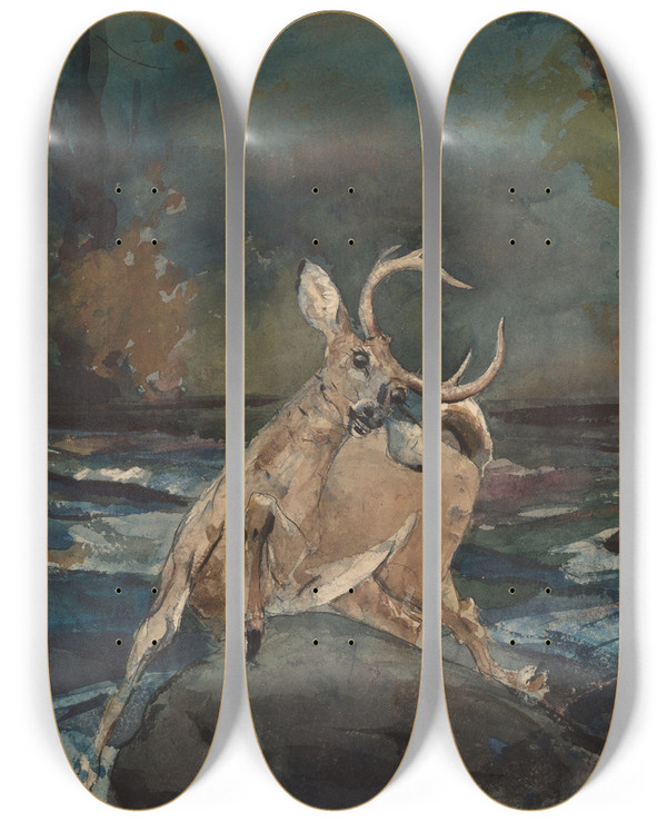 Triptych art skateboard deck of Winslow Homer A Good Shot Adirondacks by Winslow Homer (1836-1910)
