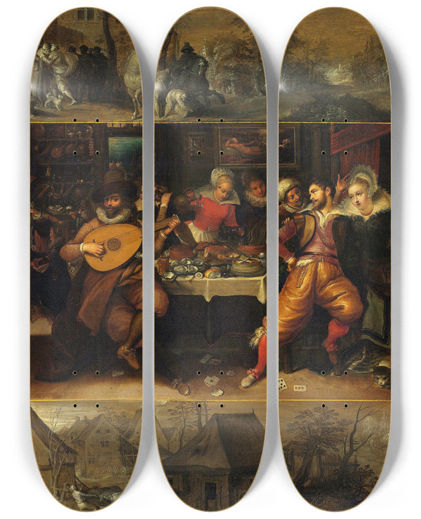 Triptych art skateboard deck of Frans Francken The Younger The Story Of The Prodigal Son by Frans Francken the Younger (1581-1642)