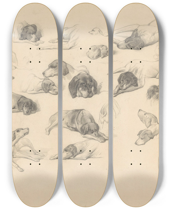 Triptych art skateboard deck of August Alleb Schetsblad Met Diverse Hondenstudies by August Allebe (1838-1927)