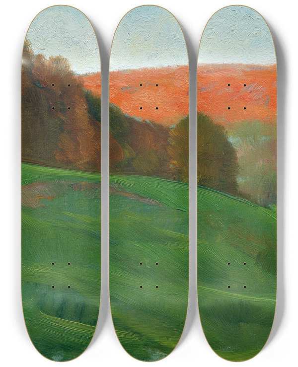 Triptych art skateboard deck of Otto Friedrich Herbstlicher Wald Hinter Grner Wiese by Otto Friedrich (1862-1937)