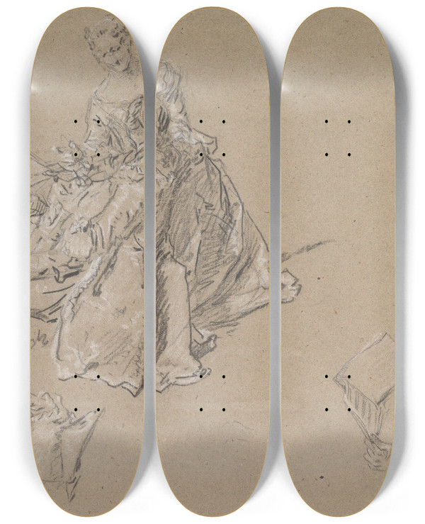 Triptych art skateboard deck of Nicolas Lancret Studies Of A Couple Seated On The Ground Looking At A Songbook by Nicolas Lancret (1690-1743)