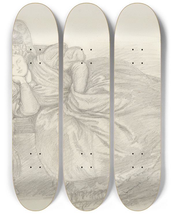 Triptych art skateboard deck of Dante Gabriel Rossetti Study Of Fanny Cornforth Asleep On A Chaiselongue by Dante Gabriel Rossetti (1828-1882)