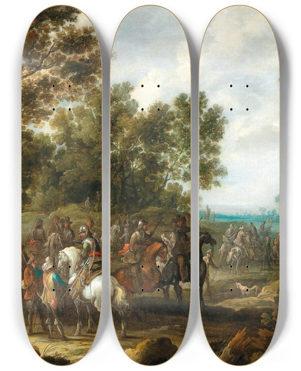 Triptych art skateboard deck of Palamedes Palamedesz A Wooded Landscape With Soldiers Resting by Palamedes Palamedesz (1607-1638)