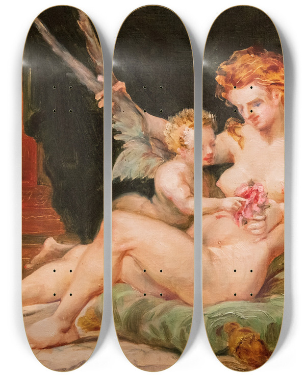 Triptych art skateboard deck of Jeanbaptiste Cariven Woman Holding The Wings Of Love by Jean-Baptiste Cariven (1843-1904)