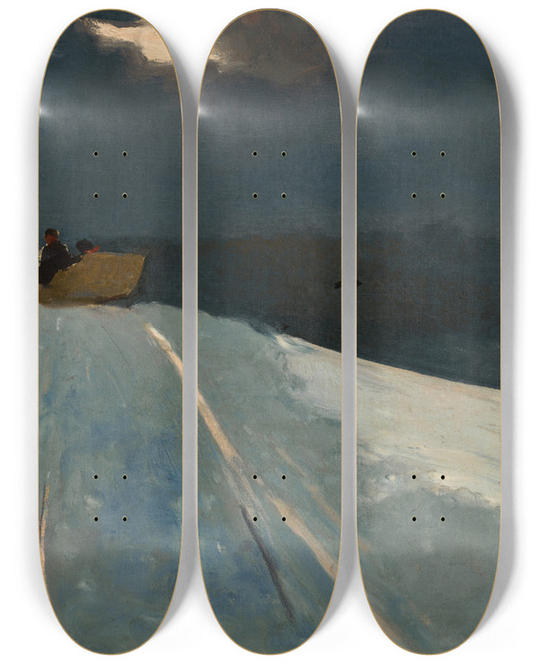 Triptych art skateboard deck of Winslow Homer Sleigh Ride by Winslow Homer (1836-1910)