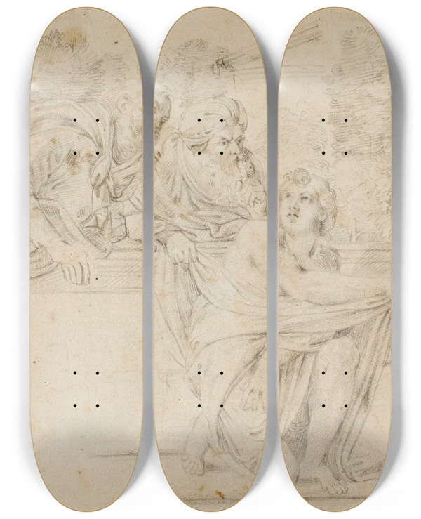 Triptych art skateboard deck of After Annibale Carracci Susanna And The Elders by After Annibale Carracci (1560-1609)