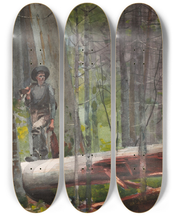 Triptych art skateboard deck of Winslow Homer Hunter In The Adirondacks by Winslow Homer (1836-1910)