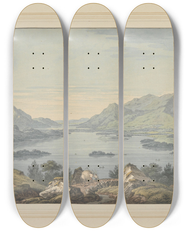 Triptych art skateboard deck of Joseph Farington Vale Of Keswick And Derwent Water by Joseph Farington (1747-1821)