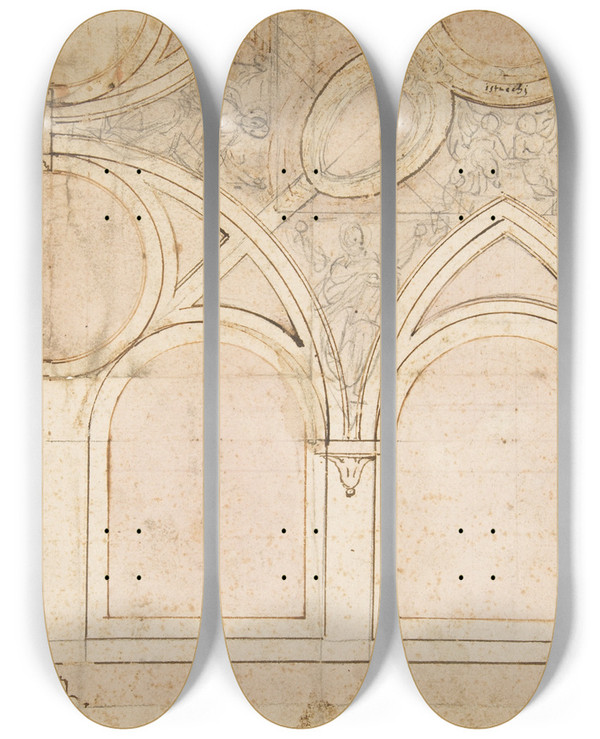 Triptych art skateboard deck of Giorgio Vasari Design For The Ceiling Decoration In Vasaris House In Arezzo by Giorgio Vasari (1511-1574)