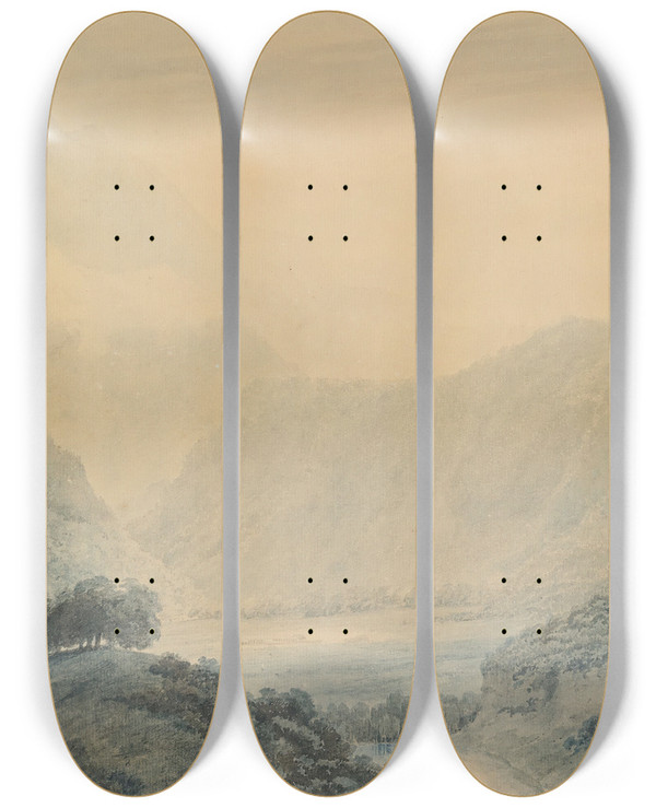 Triptych art skateboard deck of John Robert Cozens Upon The Linth by John Robert Cozens (1752-1797)