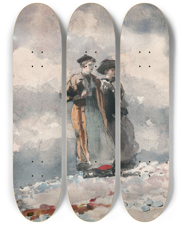 Triptych art skateboard deck of Winslow Homer The Outlook Maine Coast by Winslow Homer (1836-1910)