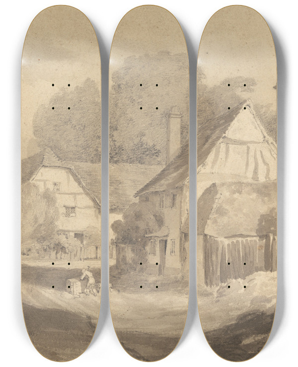 Triptych art skateboard deck of Cornelius Varley Cottages At Letherhead Surrey by Cornelius Varley (1781-1873)