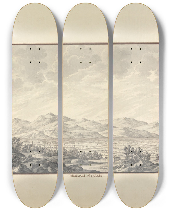 Triptych art skateboard deck of Giovanni Battista Borra View Of The Valley Of Hierapolis Now Pamukkale by Giovanni Battista Borra (1713-1770)
