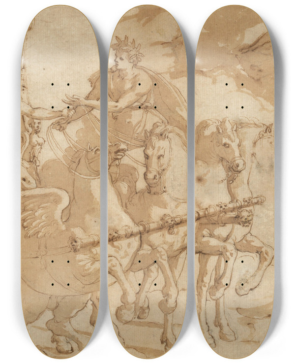 Triptych art skateboard deck of Prospero Fontana Phaeton Receiving The Chariot From Apollo by Prospero Fontana (1512-1597)