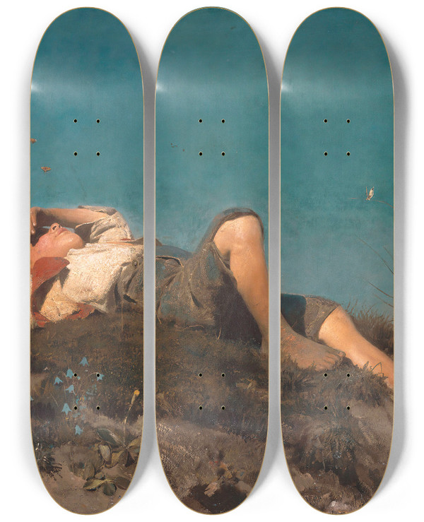 Triptych art skateboard deck of Franz Von Lenbach A Shepherd Boy by Franz Von Lenbach (1836-1904)