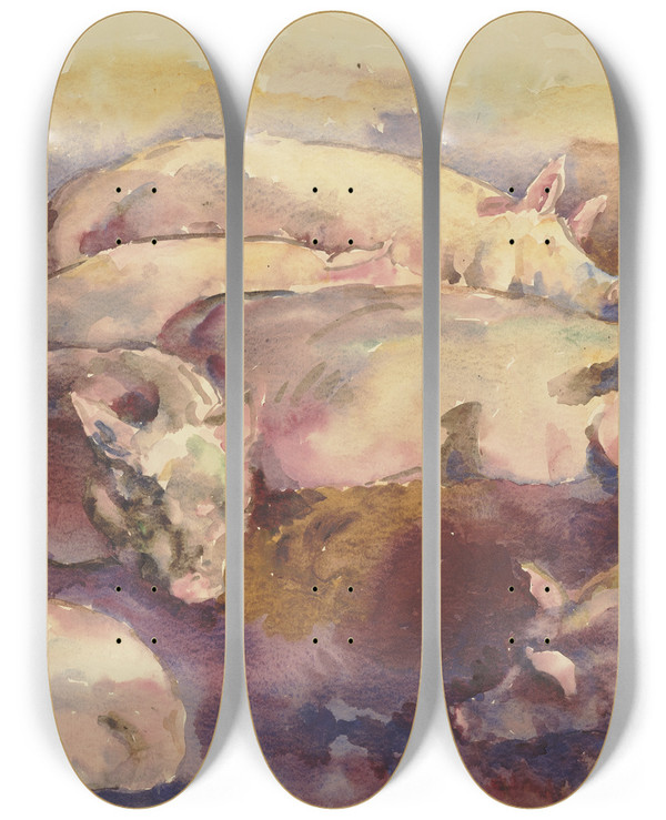 Triptych art skateboard deck of Philipp Franck Pigsty by Philipp Franck (1860-1944)