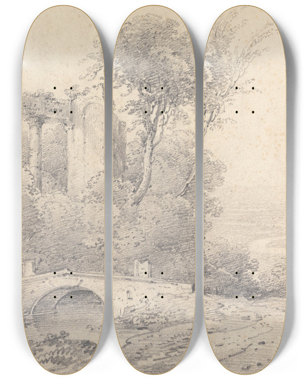 Triptych art skateboard deck of Henry William Burgess Landscape With Ruins And Bridge by Henry William Burgess
