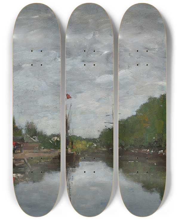 Triptych art skateboard deck of Eugne Boudin Bruxelles Le Canal De Lalle Verte by Eugene Boudin (1824-1898)