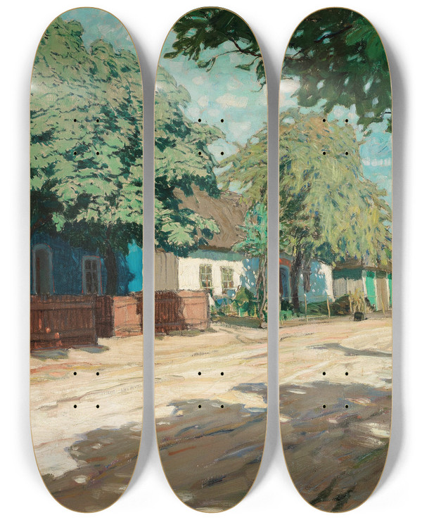 Triptych art skateboard deck of Alois Kalvoda A Village Road In Southern Morava by Alois Kalvoda (1875-1934)