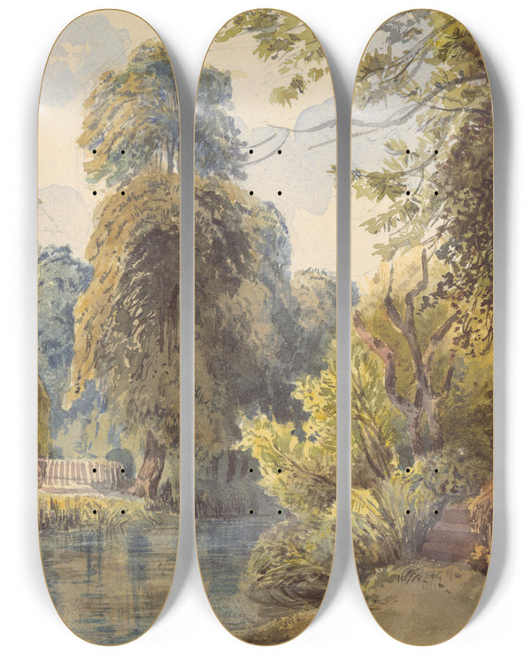 Triptych art skateboard deck of Ladislav Mednynszky Swiss Park With A Pond And A Sled by Ladislav Mednyanszky (1852-1919)