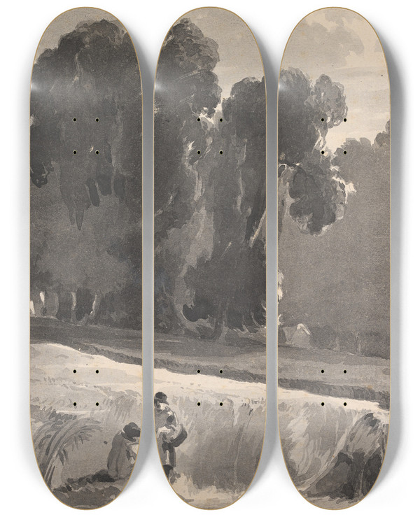 Triptych art skateboard deck of Thomas Sully Landscape With Figures In Field by Thomas Sully (1783-1872)