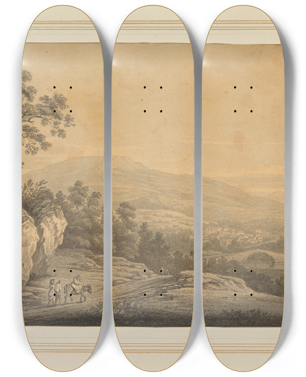 Triptych art skateboard deck of Joseph Farington View Of Ambleside by Joseph Farington (1747-1821)