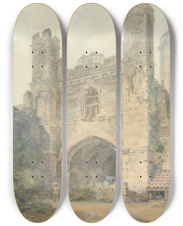 Triptych art skateboard deck of Joseph Mallord William Turner Saint Augustines Gate Canterbury by Joseph Mallord William Turner (1775-1851)